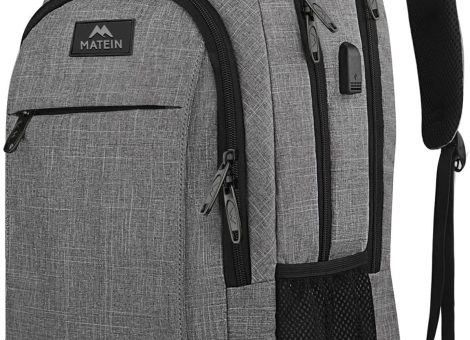 MATEIN Travel Laptop Backpack, Business Anti Theft Slim Sturdy Laptops Backpack with USB Charging Port, Water Resistant College School Computer Bag Gift for Men & Women Fits 15.6 Inch Notebook, Grey